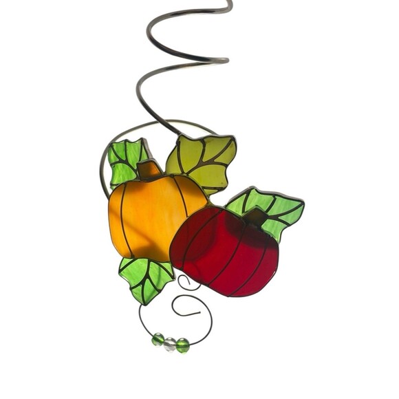 Autumn Pumpkins Stained Glass Sun Catcher Fall Ornament Set x2 Wine Bottle Charm - Picture 2 of 8